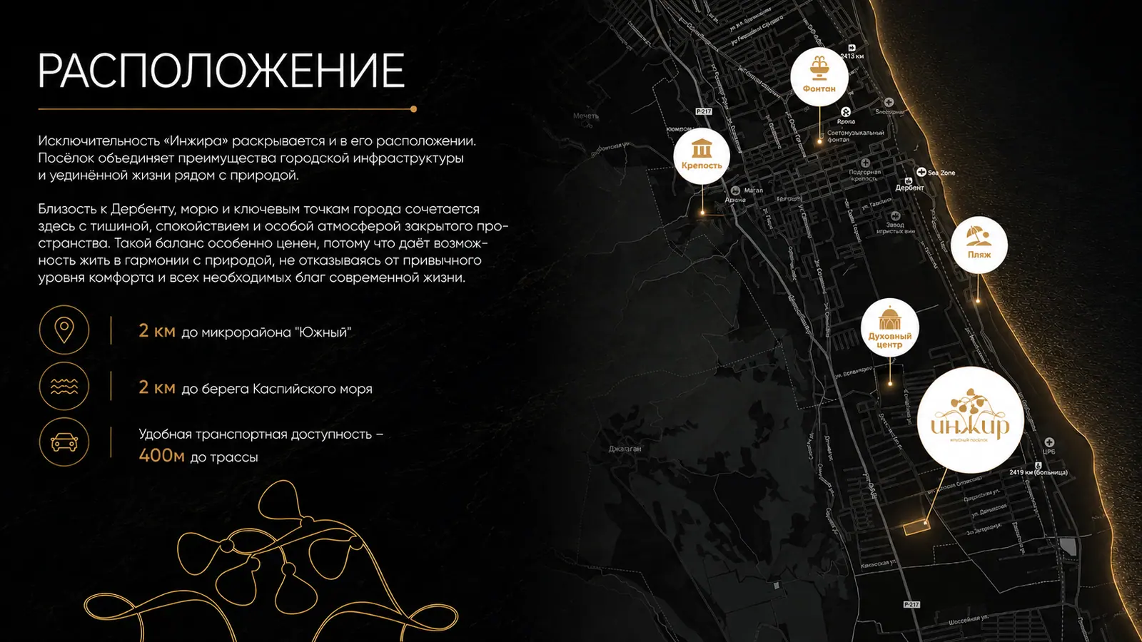 Карта расположения посёлка Инжир рядом с Дербентом и Каспийским морем